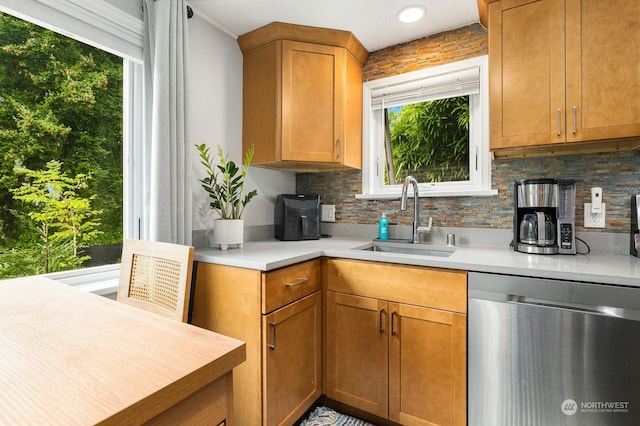 kitchen with tasteful backsplash, sink, and stainless steel dishwasher