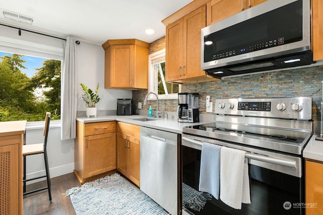 kitchen with sink, decorative backsplash, wood-type flooring, and stainless steel appliances