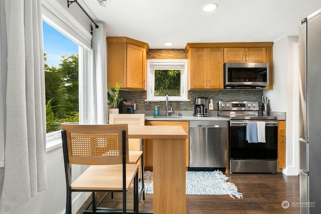 kitchen with sink, decorative backsplash, dark wood-type flooring, and appliances with stainless steel finishes