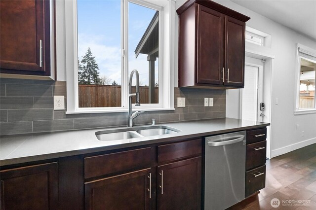 kitchen featuring a sink, a healthy amount of sunlight, baseboards, and stainless steel dishwasher