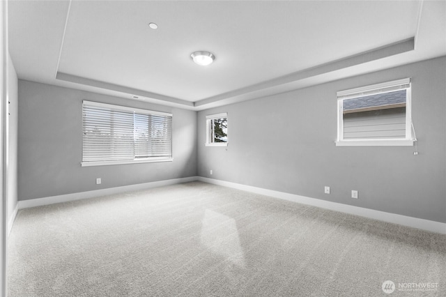 carpeted spare room with a raised ceiling and baseboards