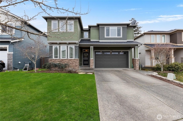 view of front of home with stone siding, driveway, an attached garage, and a front yard