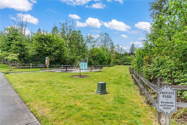 view of home's community featuring a yard and fence