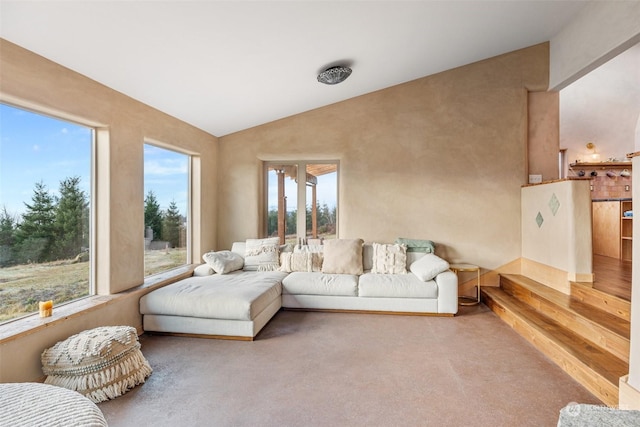 living room featuring vaulted ceiling and carpet