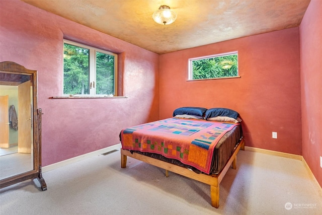 carpeted bedroom featuring multiple windows