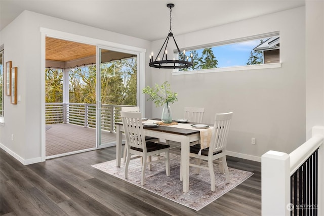 dining area featuring dark wood-type flooring and a notable chandelier