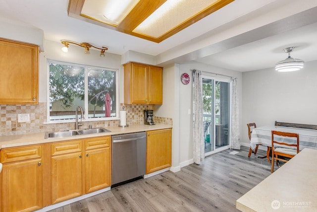 kitchen with tasteful backsplash, sink, stainless steel dishwasher, and light hardwood / wood-style floors