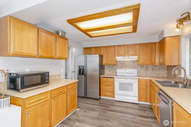 kitchen with sink, decorative backsplash, stainless steel appliances, and light wood-type flooring