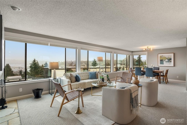 living room with baseboards, light carpet, and a textured ceiling