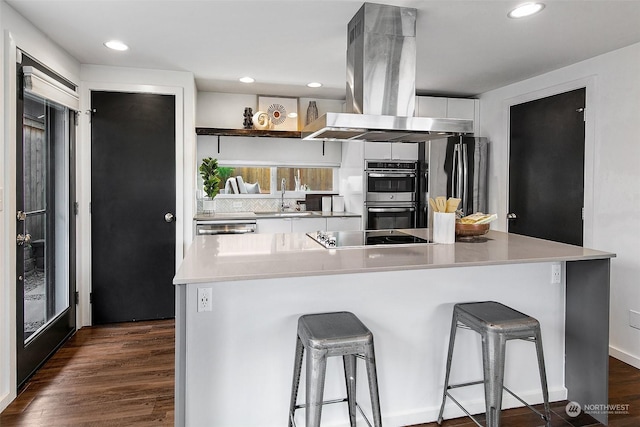 kitchen featuring island range hood, sink, white cabinets, dark hardwood / wood-style flooring, and stainless steel appliances