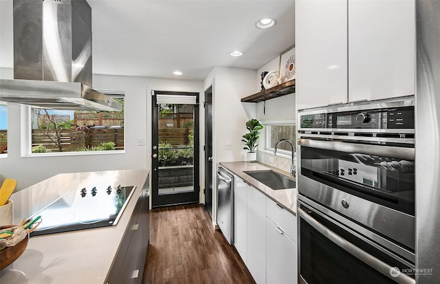 kitchen with stainless steel appliances, sink, exhaust hood, and white cabinets