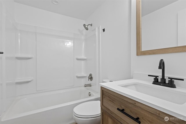 full bathroom with vanity, bathtub / shower combination, and toilet