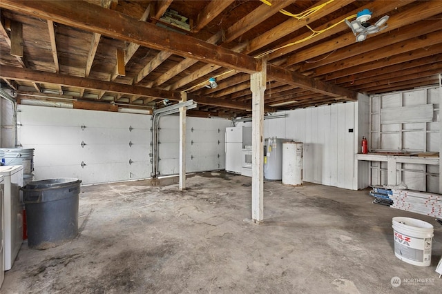 garage with water heater and white refrigerator