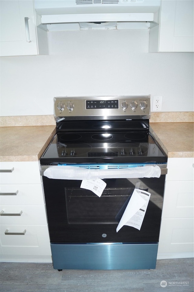 interior details with stainless steel range with electric stovetop and white cabinets