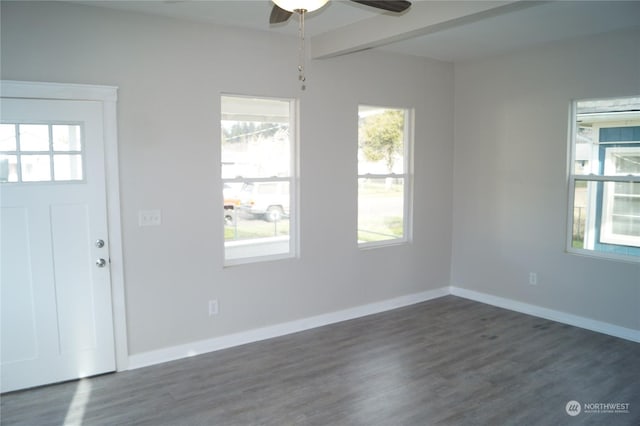 entryway with beam ceiling, ceiling fan, and dark hardwood / wood-style flooring