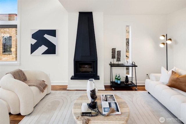 living room with hardwood / wood-style flooring and a large fireplace