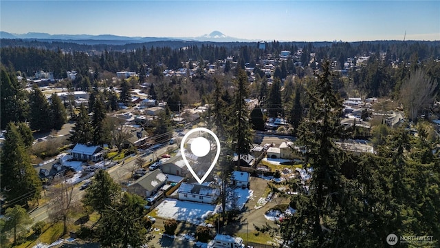 drone / aerial view featuring a mountain view