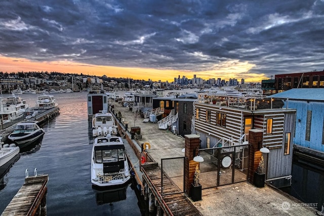 view of dock with a water view