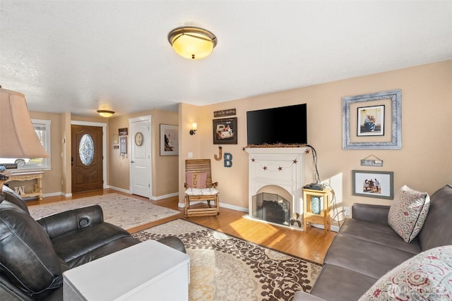 living area featuring a fireplace, wood finished floors, and baseboards