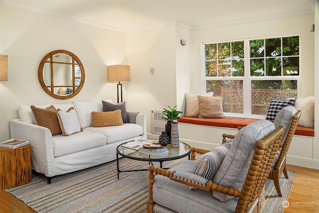 living room with ornamental molding and hardwood / wood-style floors