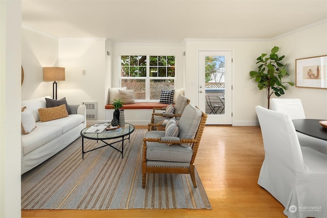 living room with ornamental molding and light hardwood / wood-style flooring