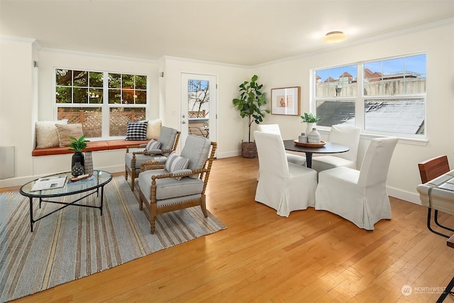 dining area featuring wood-type flooring and crown molding