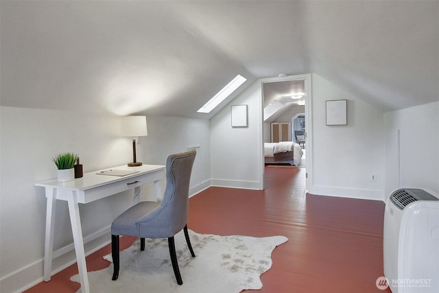 office space with dark wood-style floors, vaulted ceiling with skylight, and baseboards