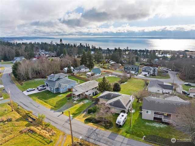 aerial view featuring a water view