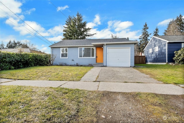 single story home with a garage and a front yard