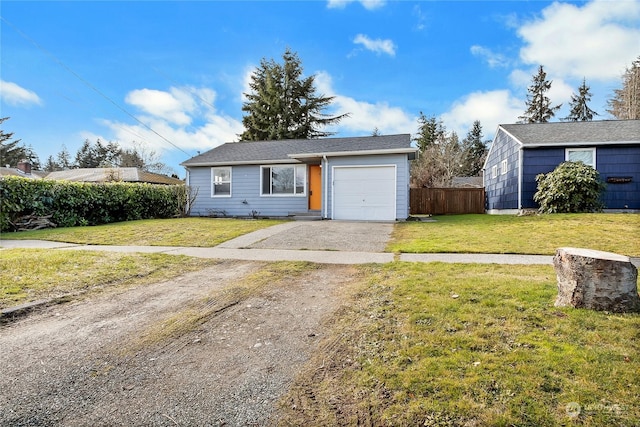 single story home with a garage and a front yard