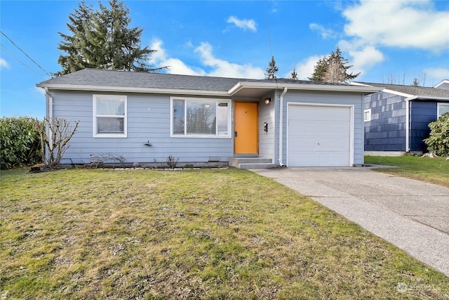 ranch-style home with a garage and a front yard