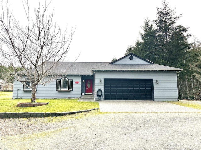 ranch-style house featuring a front lawn, roof with shingles, driveway, and an attached garage