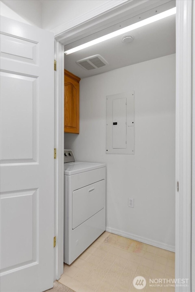 washroom with cabinets, washer / dryer, and electric panel