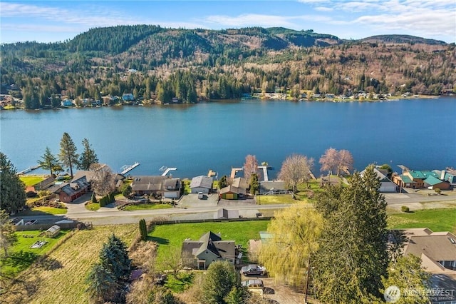 aerial view featuring a water and mountain view