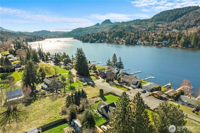 bird's eye view featuring a water and mountain view