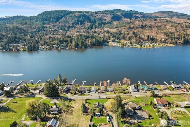 aerial view with a water and mountain view