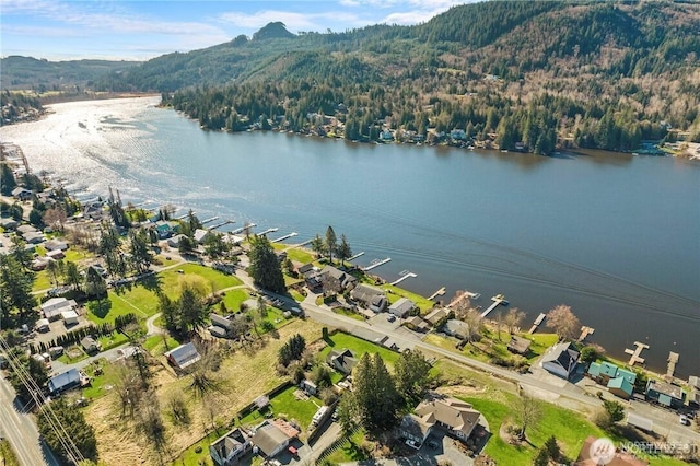 aerial view featuring a water and mountain view