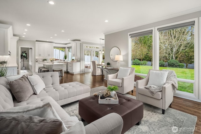 living room featuring ornamental molding, dark wood-style flooring, and recessed lighting