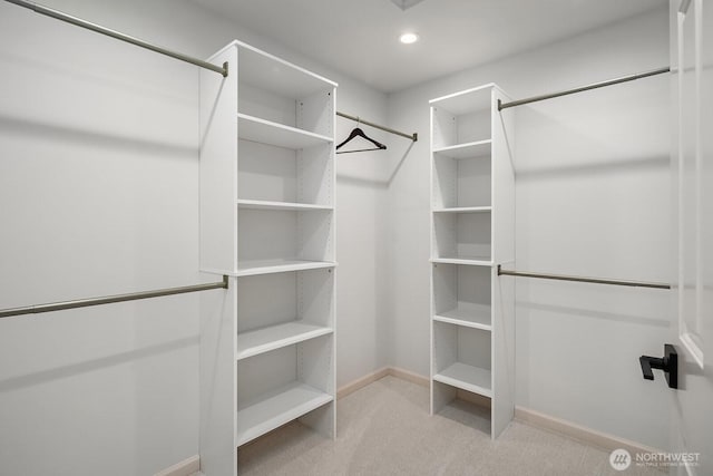 walk in closet with light colored carpet