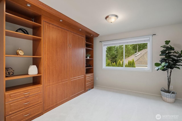 interior space with light carpet and baseboards