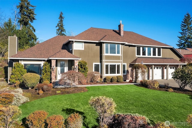 rear view of property featuring driveway, a shingled roof, a chimney, an attached garage, and a yard