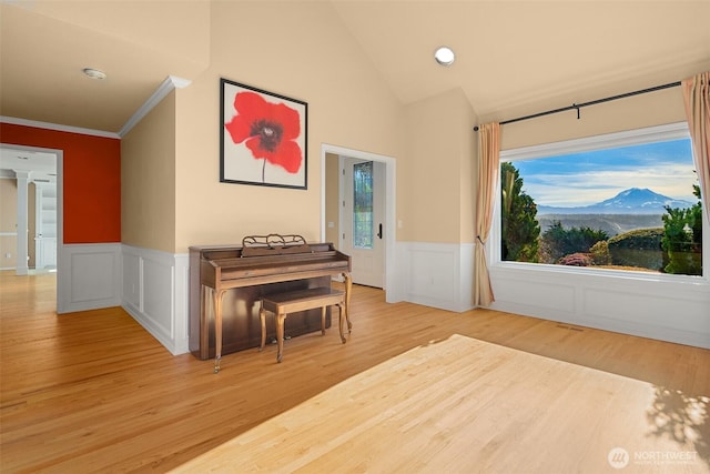 hall with lofted ceiling, wainscoting, wood finished floors, and a mountain view