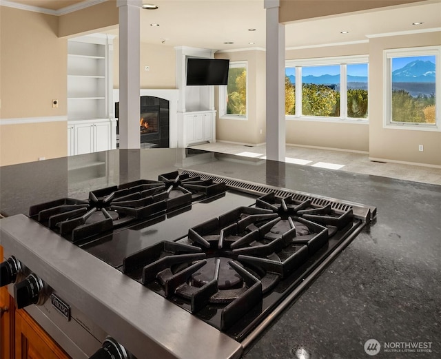 interior details with built in shelves, a fireplace, decorative columns, and crown molding