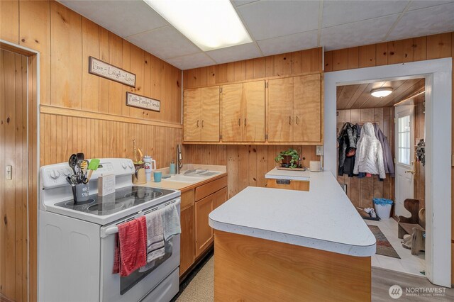 kitchen featuring a peninsula, light countertops, wood walls, and white range with electric stovetop