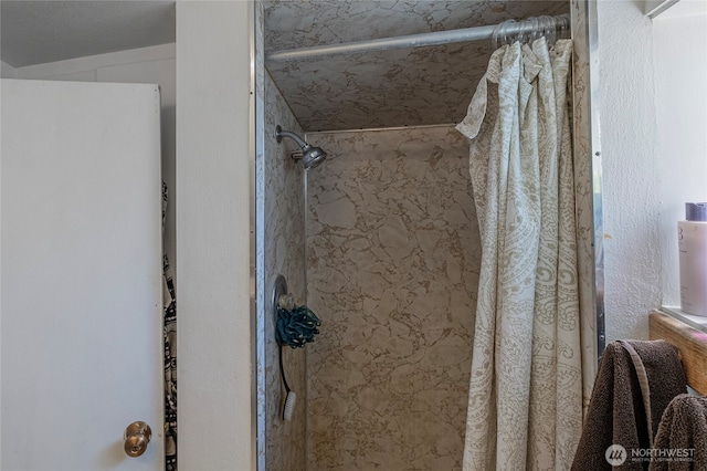 details with curtained shower