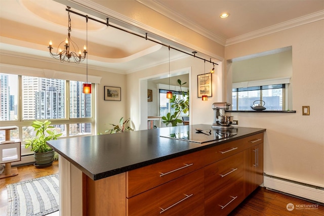 kitchen featuring crown molding, hanging light fixtures, black electric cooktop, a baseboard radiator, and dark hardwood / wood-style floors