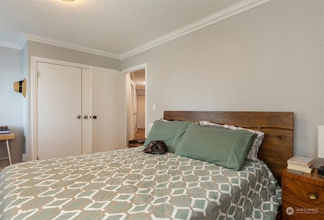 bedroom featuring ornamental molding, a closet, and a textured ceiling