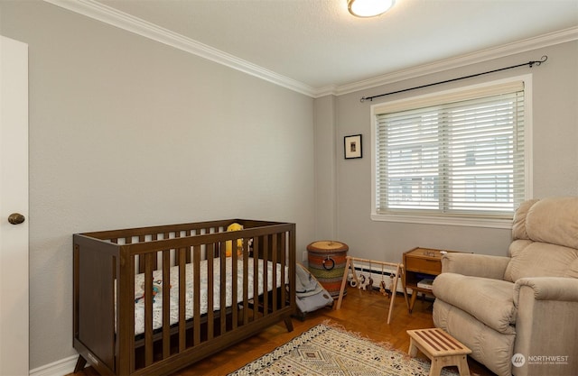 bedroom featuring parquet floors, crown molding, and a crib