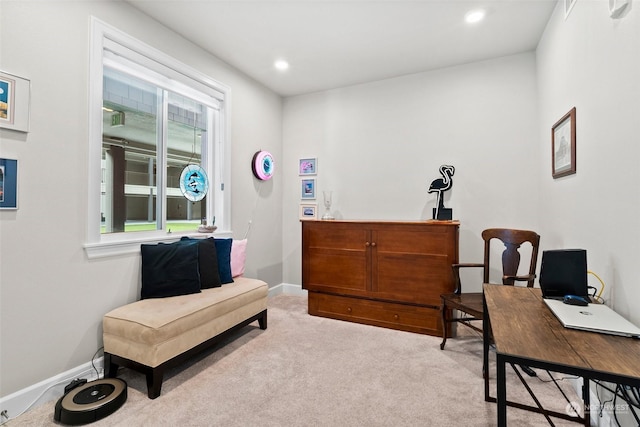 office space featuring recessed lighting, light carpet, and baseboards