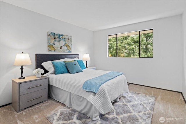 bedroom with light colored carpet